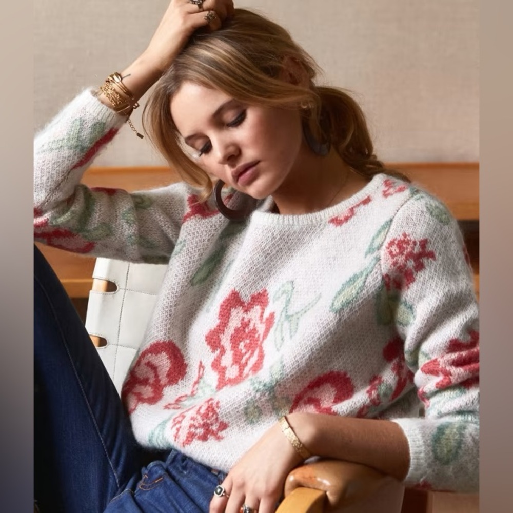 Sezane Flower Print Mohair Wool Blend Sweater
